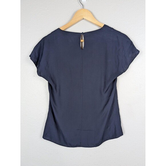 Boden Blouse Womens US 4 Navy Blue Short Sleeve Pleated Silk Blend Top Work - Picture 3 of 7